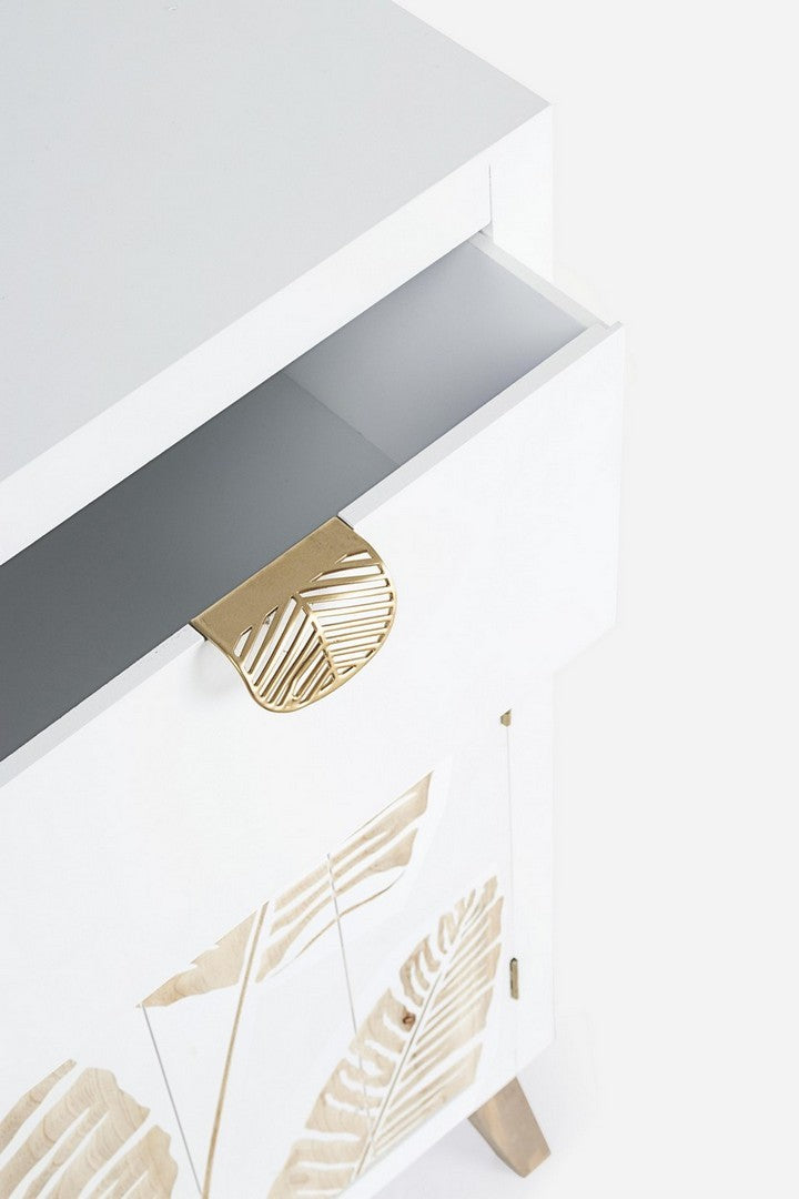 Mobile zona living in legno bianco decorato a mano con foglie cm 70x30x80h