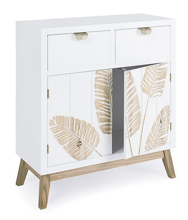 Mobile zona living in legno bianco decorato a mano con foglie cm 70x30x80h