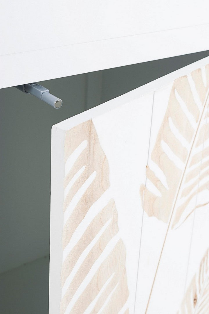 Mobile zona living in legno bianco decorato a mano con foglie cm 70x30x80h