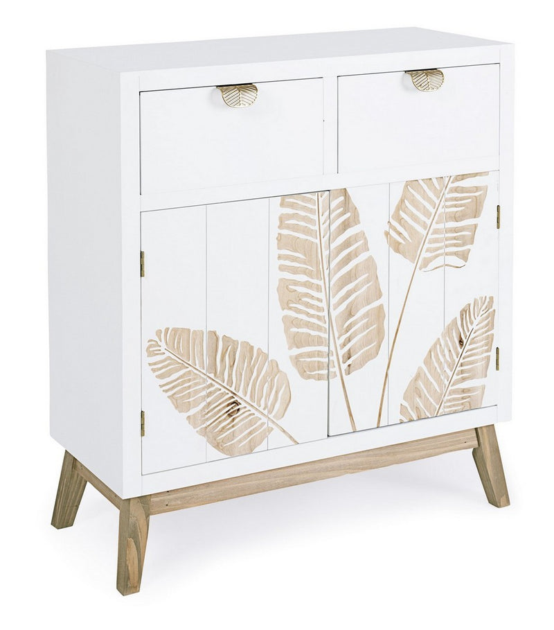 Mobile zona living in legno bianco decorato a mano con foglie cm 70x30x80h