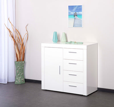 Fergi - Mobile moderno con cassetti e anta in legno colore bianco cm 94x40x86h
