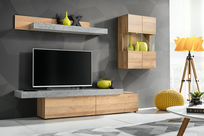 Concret - Parete attrezzata moderna con vetrina mobile tv e mensola quercia natura e cemento
