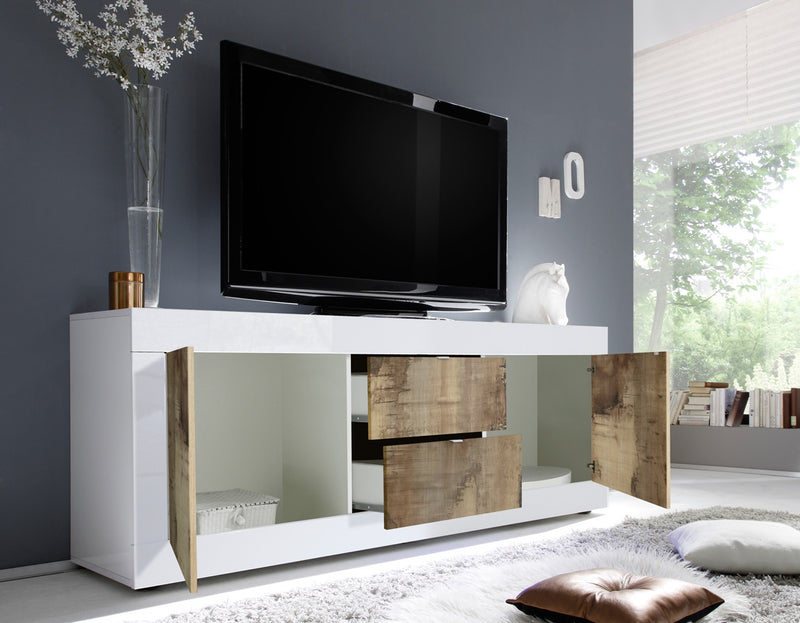 Tindar - Mobile soggiorno porta tv struttura bianco lucido cm 210x43x66h - vari colori