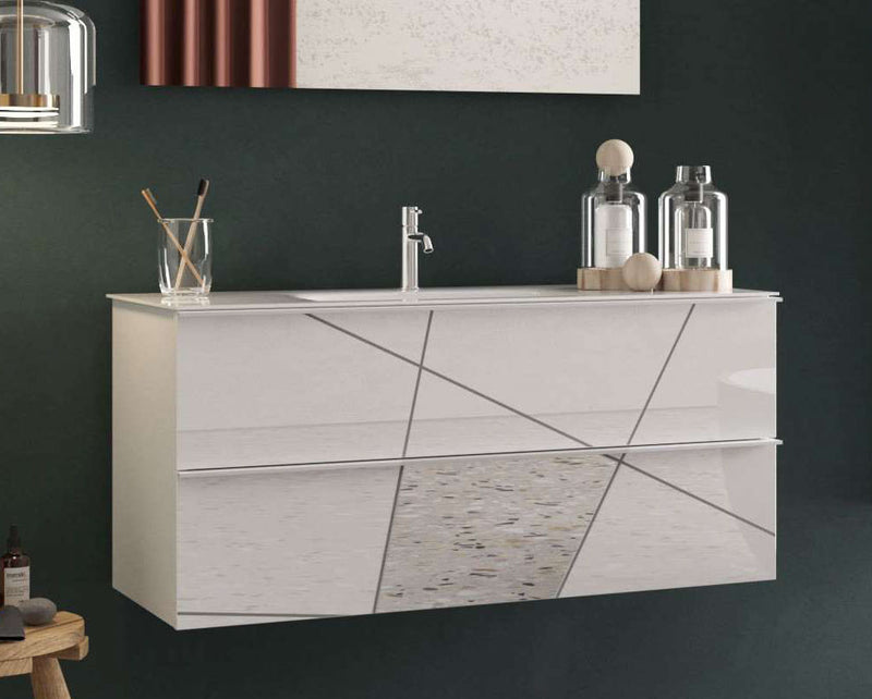 mobile sospeso con lavabo in legno bianco lucido decorato con serigrafia geometrica