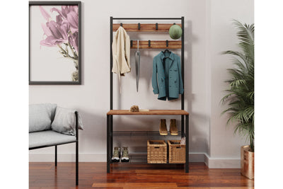 Mobile ingresso in stile industrial in legno con struttura in metallo, composto da 7 ganci appendiabiti e scarpiera. Colori: noce scuro e nero opaco cm 86x30x172h