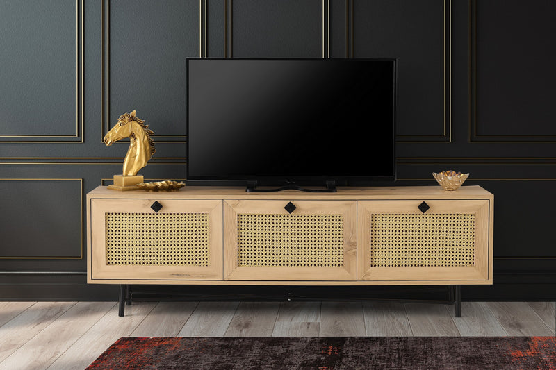 Mobile tv rettangolare basso a 3 ante a ribalta in legno color quercia opaco e gambe in metallo nero opaco, stile country e industrial. Dimensioni cm 180x40x60h