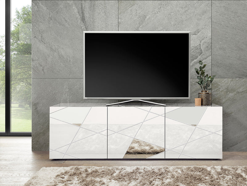 Sereno - Mobile soggiorno porta tv 3 ante in legno bianco con specchi cm 181x42x57h