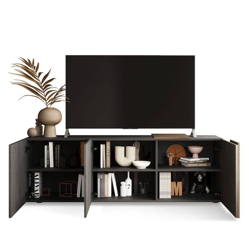 Koser - Mobile tv alto moderno 3 ante in legno titanio e rovere scuro cm 181x44x59h