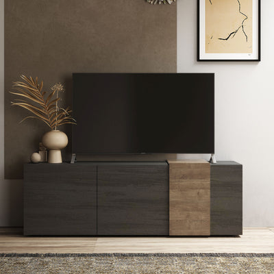 mobile tv alto 3 ante moderno in legno grigio titanio con inserto rovere scuro