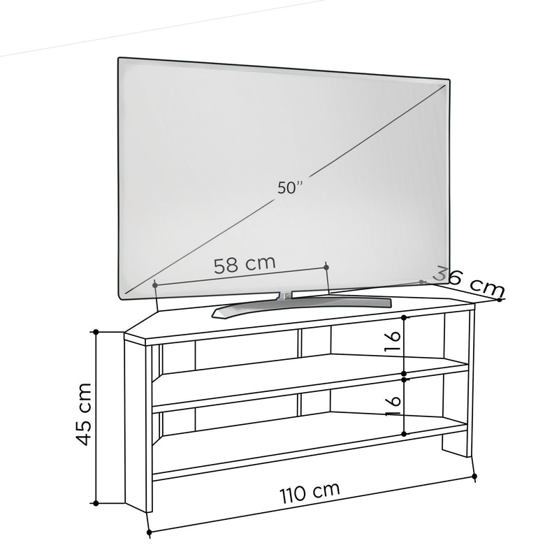 Mobile tv ad angolo moderno in legno con 2 ripiani a giorno cm 114x36x45h - vari colori