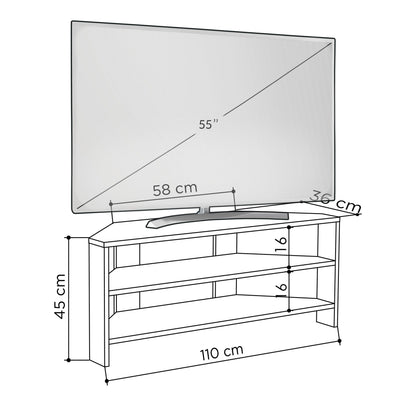 Mobile tv ad angolo moderno in legno con 2 ripiani a giorno cm 114x36x45h - vari colori