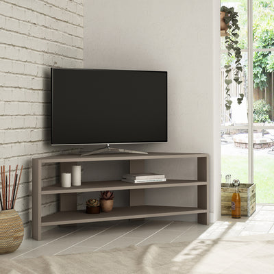 Mobile tv ad angolo moderno in legno con 2 ripiani a giorno cm 114x36x45h - vari colori