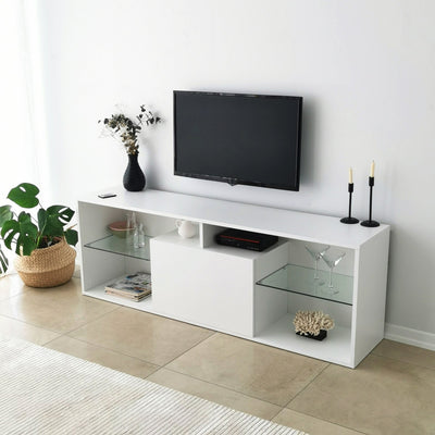 Mobile porta tv bianco opaco con ripiani in vetro e luci LED cm 160x35x55h