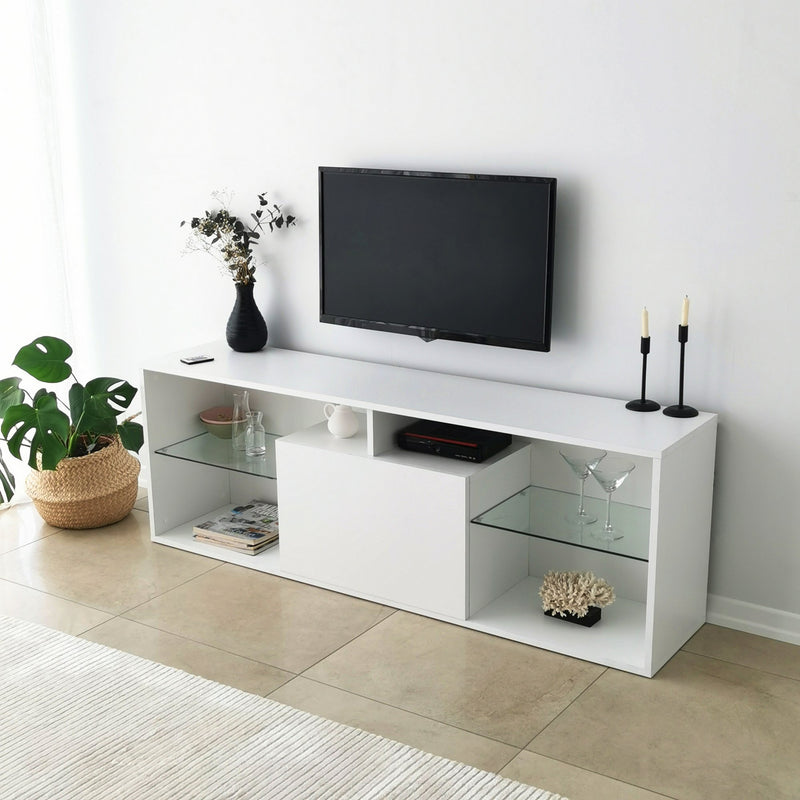 Mobile porta tv bianco opaco con ripiani in vetro e luci LED cm 160x35x55h