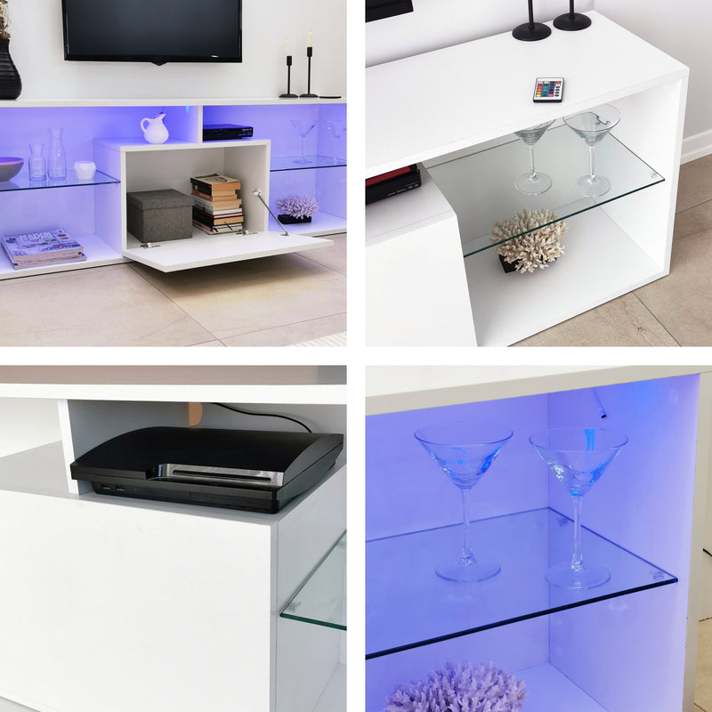 Mobile porta tv bianco opaco con ripiani in vetro e luci LED cm 160x35x55h