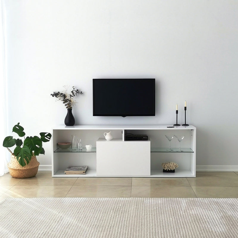 Mobile porta tv bianco opaco con ripiani in vetro e luci LED cm 160x35x55h