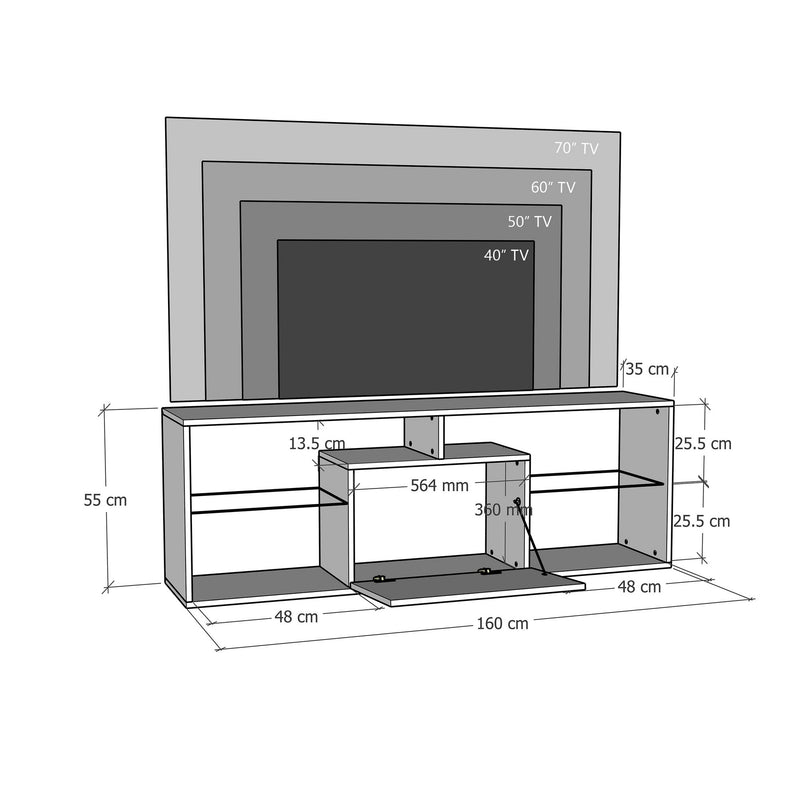 Mobile porta tv bianco opaco con ripiani in vetro e luci LED cm 160x35x55h