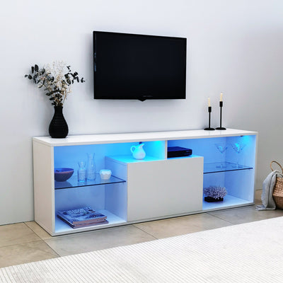 Mobile porta tv in legno design moderno con due ripiani in vetro temperato e striscia luci LED inclusa con telecomando. Il mobile è in legno color bianco opaco