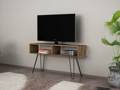 Mobile tv industrial bifacciale con ripiano in legno color noce chiaro opaco dai toni freddi diviso in 2 vani a giorno, gambe in metallo color nero opaco design particolare. Dimensioni cm 120x30x68h