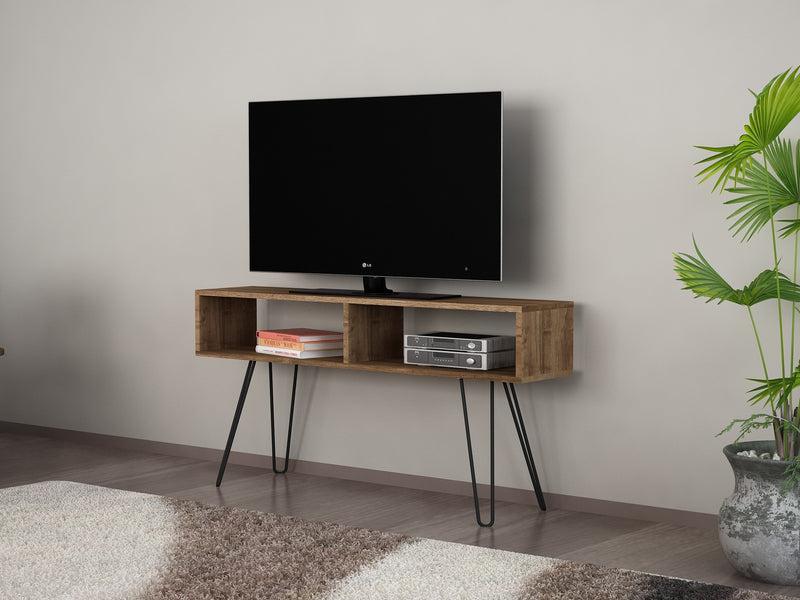 Mobile tv industrial bifacciale con ripiano in legno color noce chiaro opaco dai toni freddi diviso in 2 vani a giorno, gambe in metallo color nero opaco design particolare. Dimensioni cm 120x30x68h