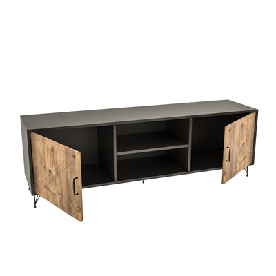 Mobile per tv industrial 2 ante e 2 vani a giorno con intagli nel legno cm 160x40x56h