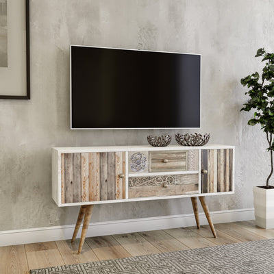 Mobile tv in legno stile shabby a 2 ante laterali e 2 cassetti, con fantasia sulla facciata: base in bianco opaco e decori con elementi classici e sfumature del legno in marrone. Dimensioni cm 122x35x65h