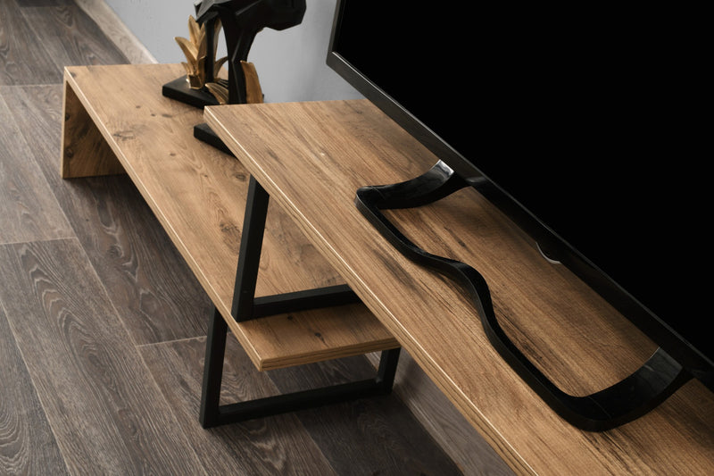 Mobile tv basso moderno industrial 2 ripiani diversa altezza in legno cm 153x30x44h