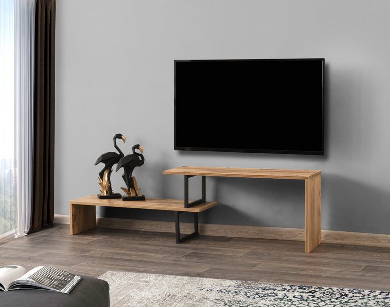Mobile tv basso moderno industrial 2 ripiani diversa altezza in legno cm 153x30x44h