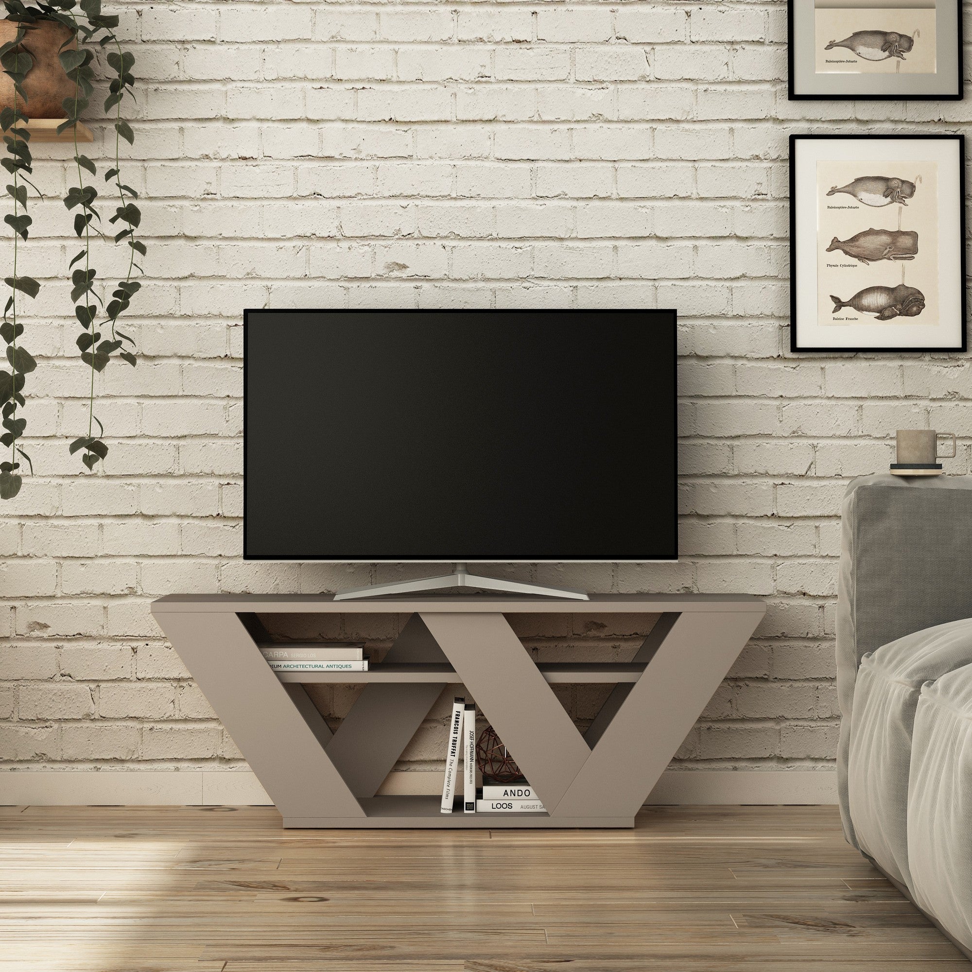 Mobile TV In Stile Rustico Con Ante In Legno Massello E Cassetti In Rattan, Bianco E Legno, 170x39,5x46 Cm