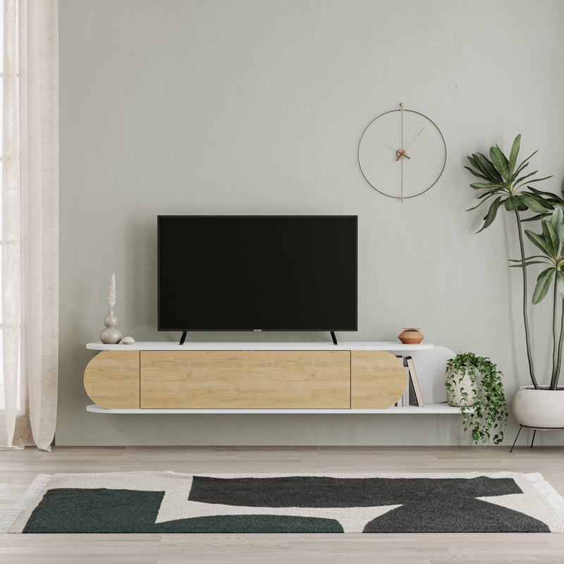 Mobile tv sospeso in legno con anta a ribalta design moderno ovale cm 180x30x30h - vari colori