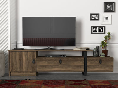 Mobile porta tv in stile vintage in legno color noce scuro opaco con dettagli in nero opaco, 3 ante in totale. Dimensioni cm 180x32x46h