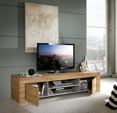Moravio - Mobile porta tv basso con 2 ante e vani in legno rovere miele cm 190x51x45h