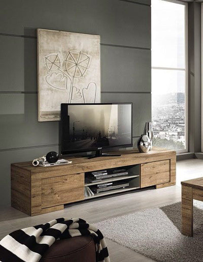 Moravio - Mobile porta tv basso con 2 ante e vani in legno rovere miele cm 190x51x45h