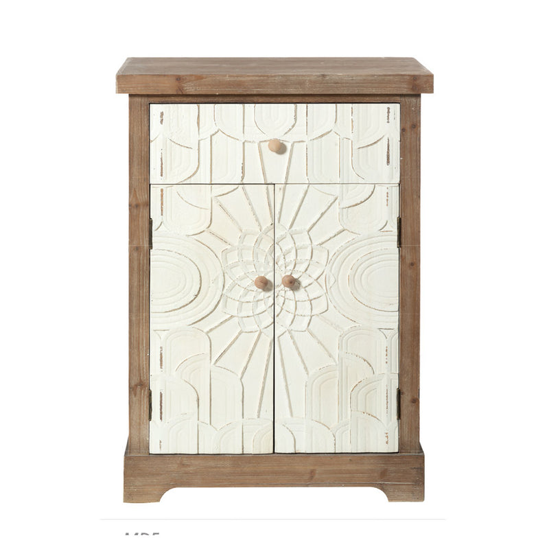 Mobiletto 2 ante e cassetto in legno bianco e naturale decorazioni intagliate cm 62x40x88h