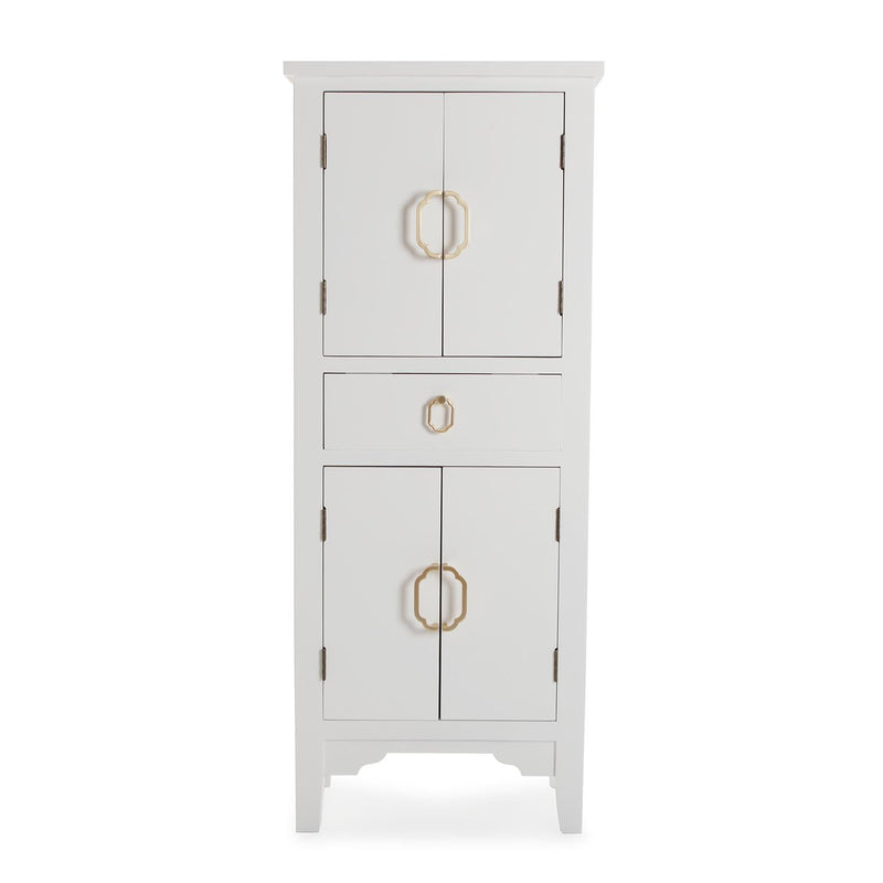 Mobiletto moderno con ante e cassetto in legno bianco maniglie dorate cm 48x25x122h
