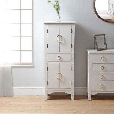 Mobiletto moderno con ante e cassetto in legno bianco maniglie dorate cm 48x25x122h