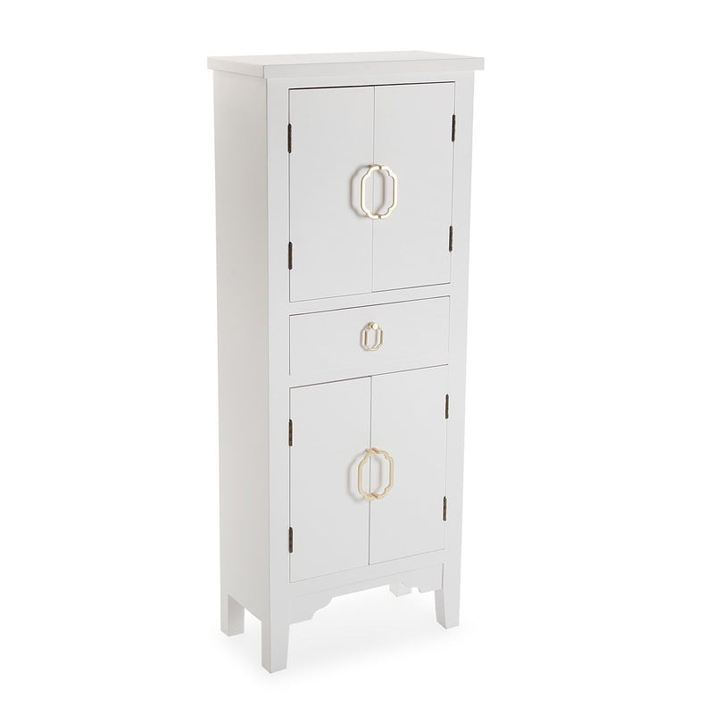 Mobiletto moderno con ante e cassetto in legno bianco maniglie dorate cm 48x25x122h