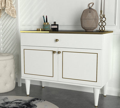 Mobiletto design a 2 ante con cassetto ripiano effetto marmo nero e oro cm 90x45x76h