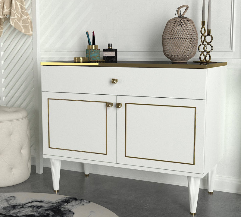 Mobiletto design a 2 ante con cassetto ripiano effetto marmo nero e oro cm 90x45x76h