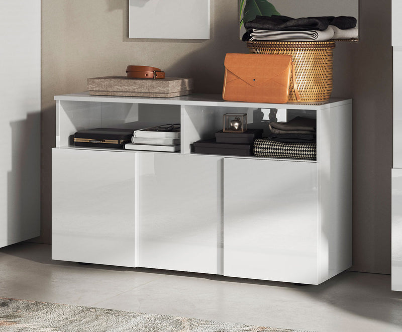 Yavari - Mobiletto basso panca da ingresso con anta a ribalta e vani bianco cm 91x36x51h