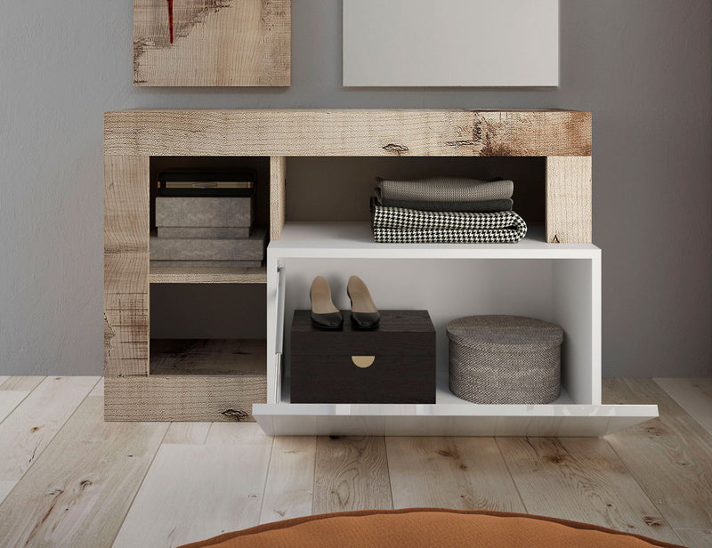 Kribal - Mobiletto da ingresso basso con anta bianco lucido e pero cm 91x35x58h