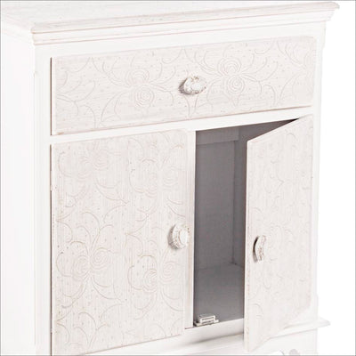 Mobiletto classico intarsiato in legno con cassetto e 2 ante colore bianco cm 60x30x78h