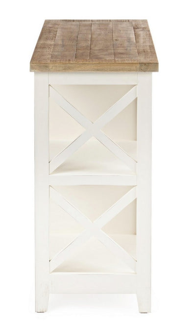 Mobiletto con cassetti ripiani e vani portabottiglie in legno bianco e naturale cm 82x36x77h