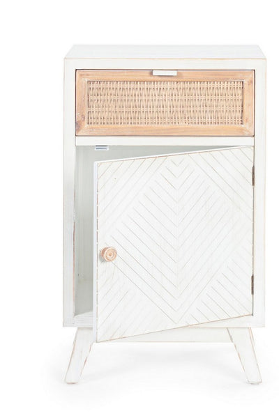 Mobiletto in legno bianco country con anta e cassetto in rattan cm 43x30x73h