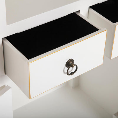 mobiletto living due cassetti e ante in legno biaco bordino colore oro