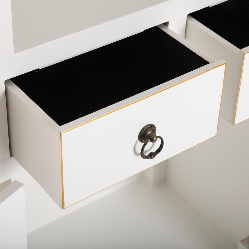 mobiletto living due cassetti e ante in legno biaco bordino colore oro