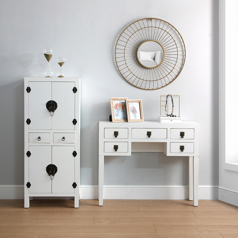 mobiletto living due cassetti e ante in legno biaco bordino colore oro