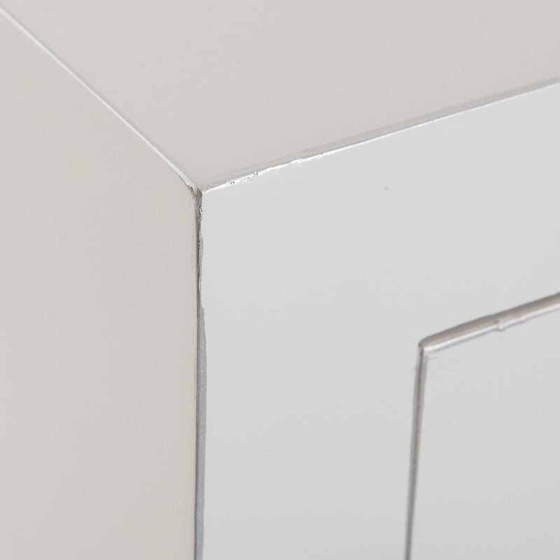 mobiletto living due cassetti e ante in legno biaco bordino colore argento