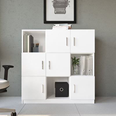 Mobiletto in legno bianco opaco quadrato con 6 ante e 3 vani a giorno cubici, per casa e ufficio, dimensioni cm 120x38x122h