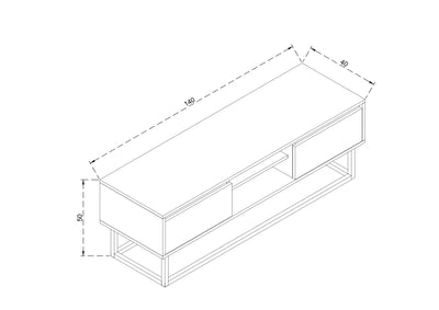 Mobiletto porta tv industrial in legno con gambe in metallo 2 cassetti cm 140x40x50h